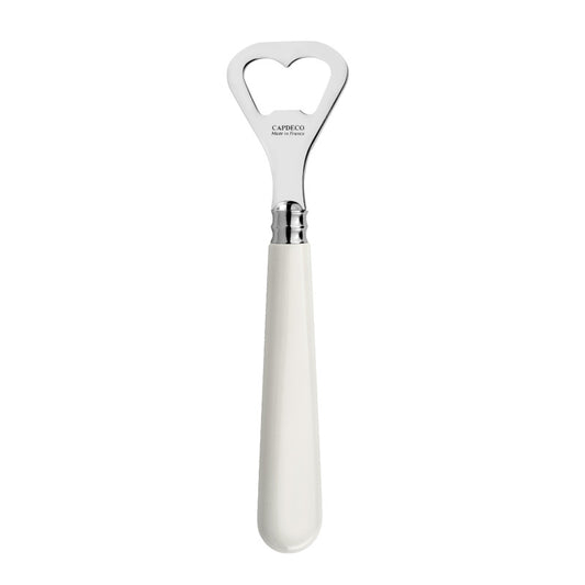 A Cappello heart-shaped bottle opener with a polished silver metal head and a smooth white handle, shown vertically on a plain white background.
