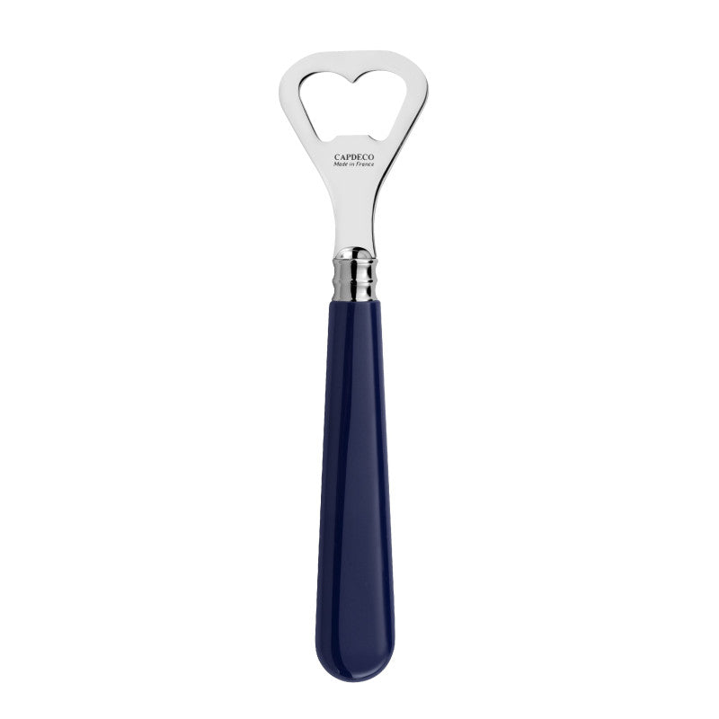 A Capriolo heart-shaped bottle opener with a polished silver metal head and a dark navy blue handle, shown vertically on a plain white background.