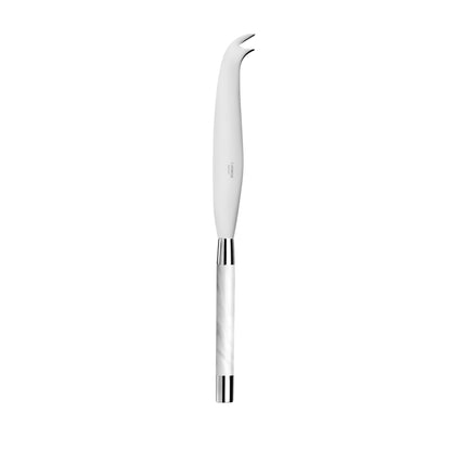 White cheese knife with a curved design on a white background