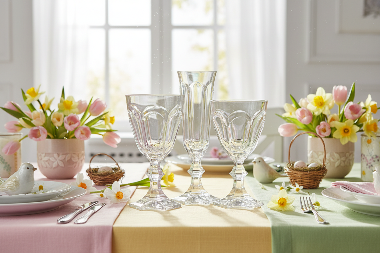 Easter-themed table setting with floral arrangements, eggs, and decorative items.