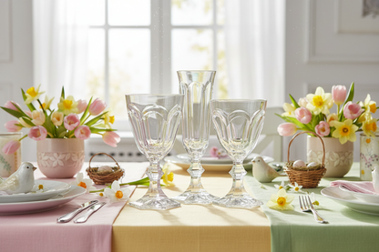 Easter-themed table setting with floral arrangements, eggs, and decorative items.