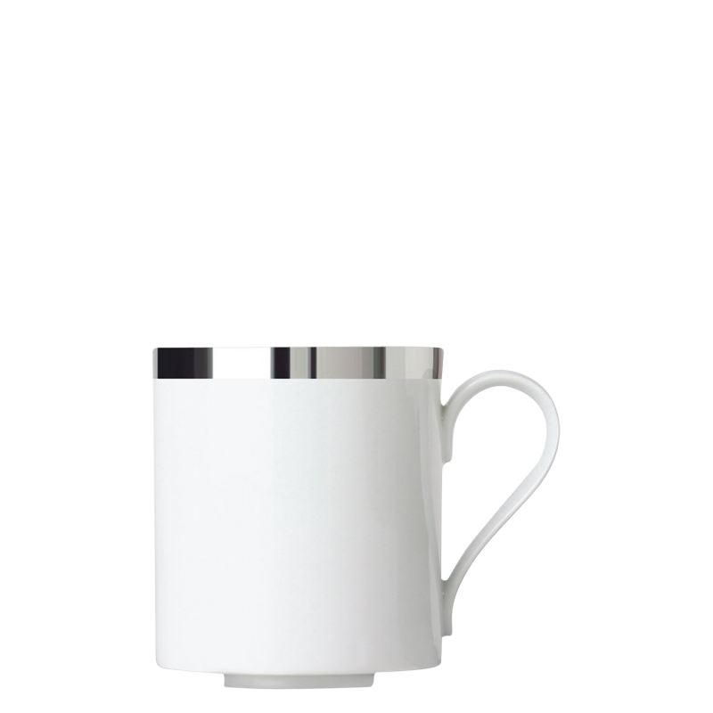 White porcelain mug with silver rim on a white background