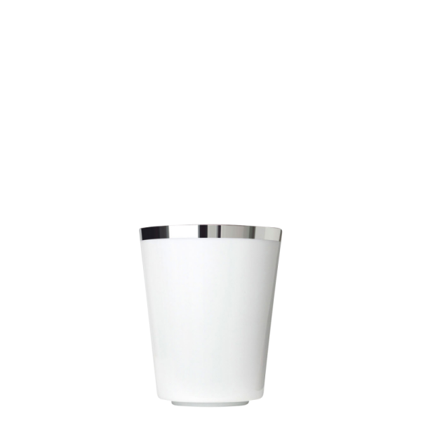 White porcelain coffee cup with a silver rim on a white background